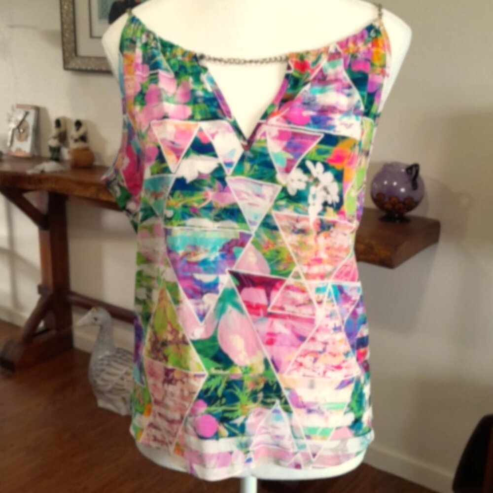 Amanda Uprichard Silk Tank Top Small Geometric Colorful Feminine Chain Bold